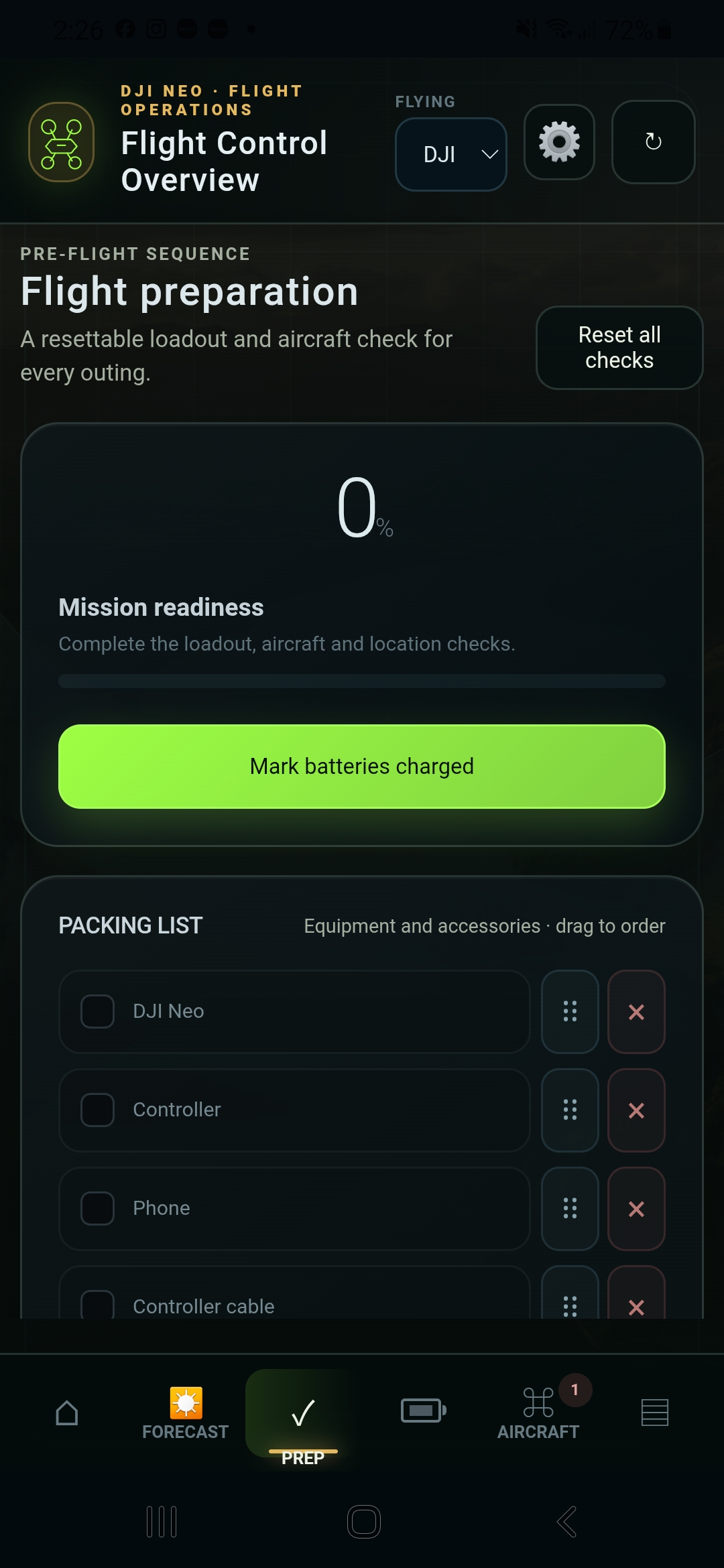 Flight Control preparation checklist