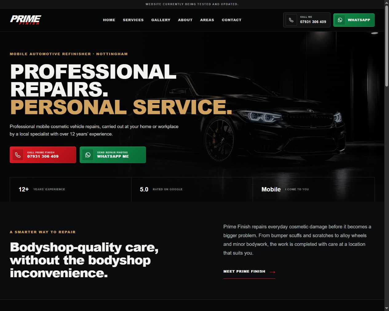 The finished Prime Finish website homepage